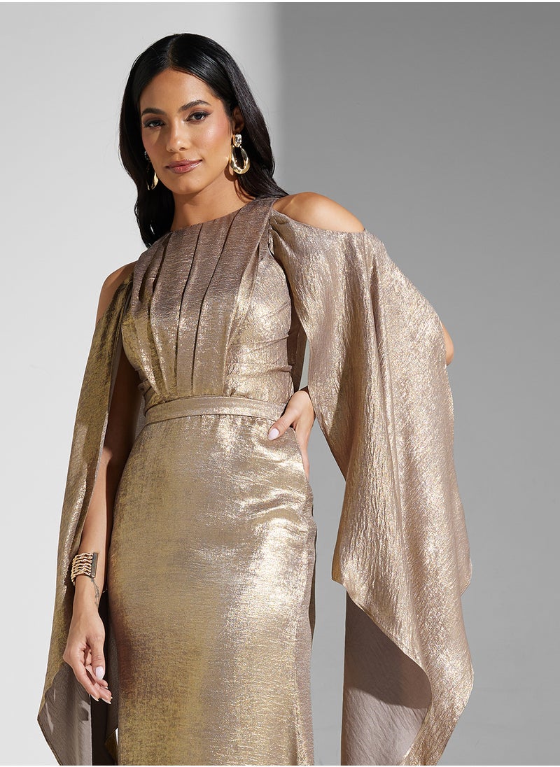 Namshi x Cold Shoulder Metallic Dress With Cape Sleeves  - Image 3