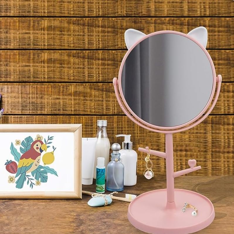 ALKAYAN Makeup Vanity Portable Adjustable Side Table Top Rotating Mirror for Dressing Table Standing Mirror Cute Kitty Designed Portable Vanity Mirror Pink - Image 2