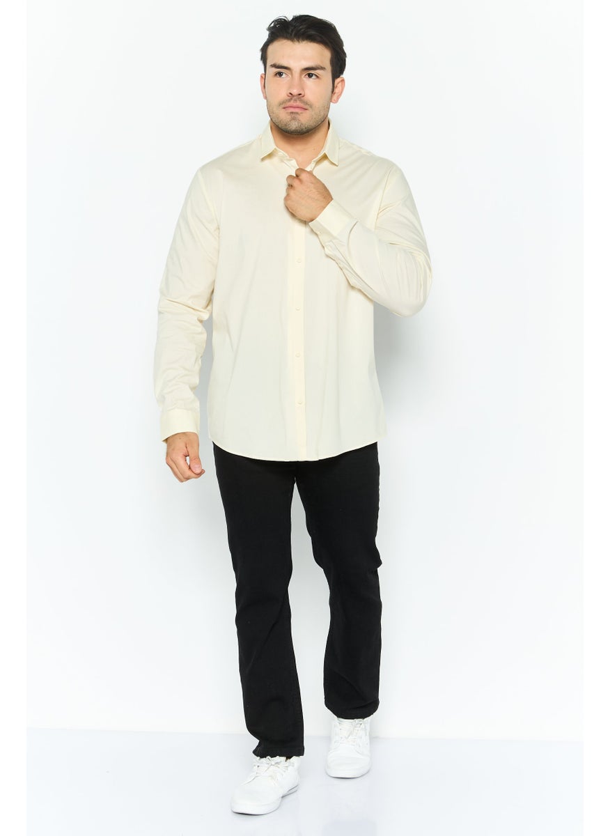 ESPRIT Men Slim Fit Solid Long Sleeves Casual Shirt, Cream  - Image 2