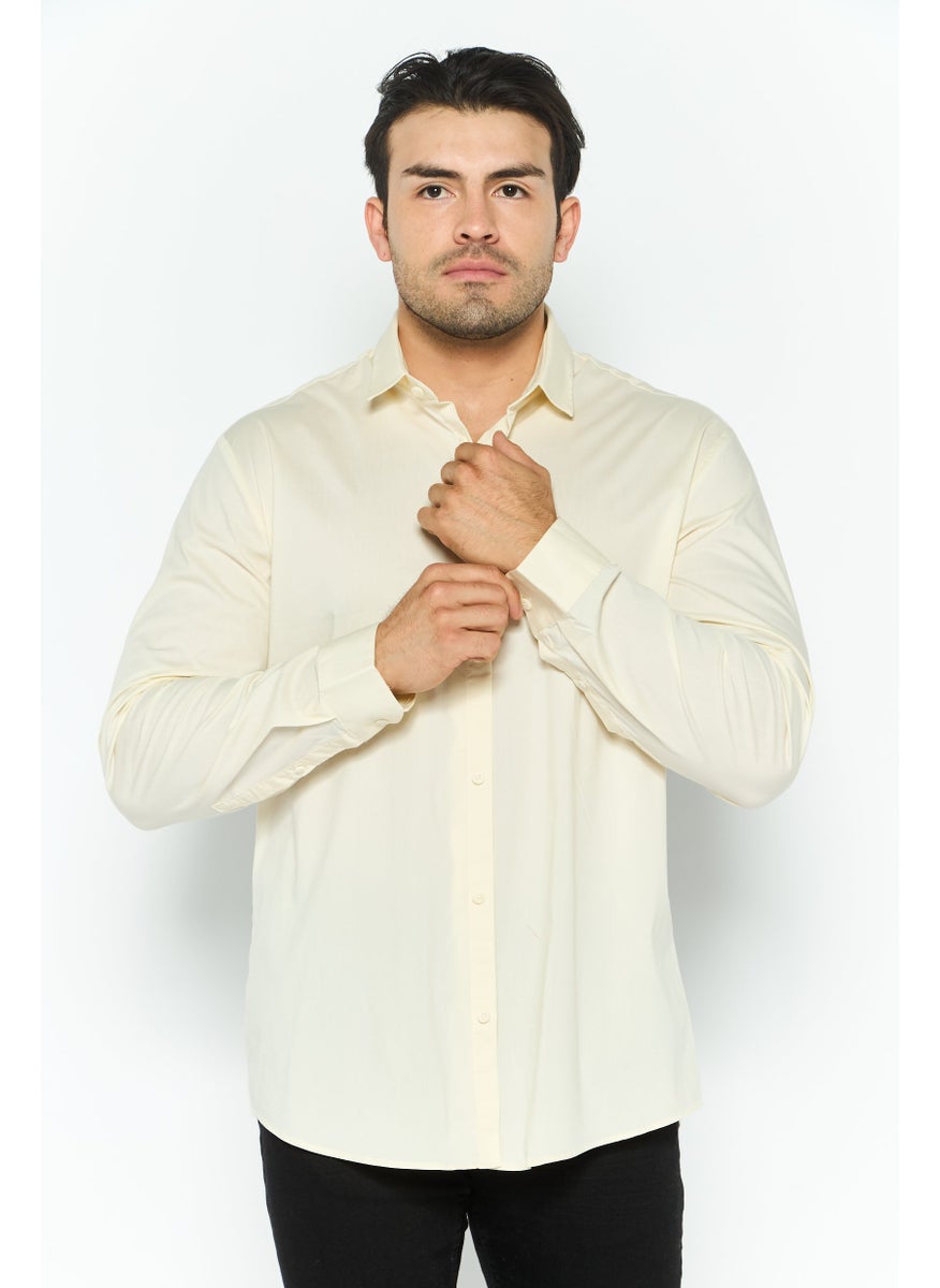 ESPRIT Men Slim Fit Solid Long Sleeves Casual Shirt, Cream  - Image 1