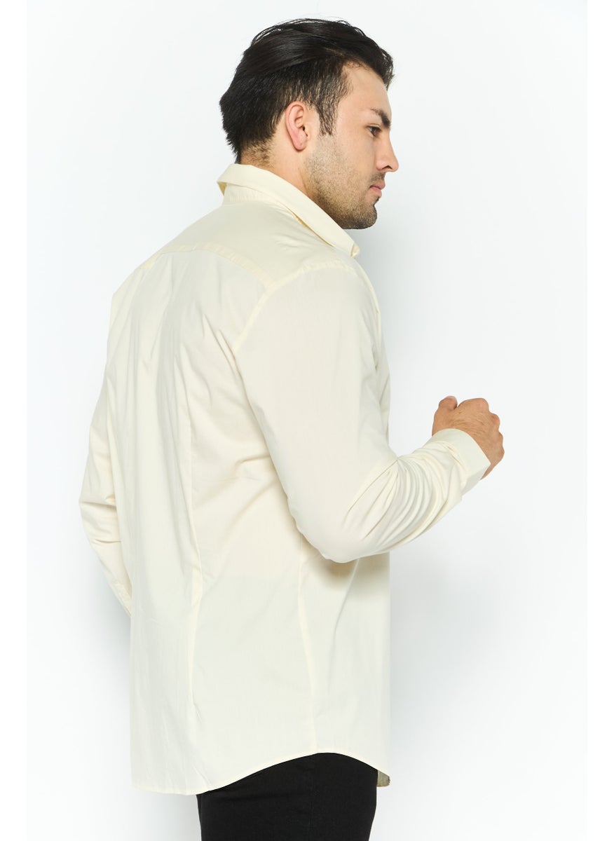 ESPRIT Men Slim Fit Solid Long Sleeves Casual Shirt, Cream  - Image 4