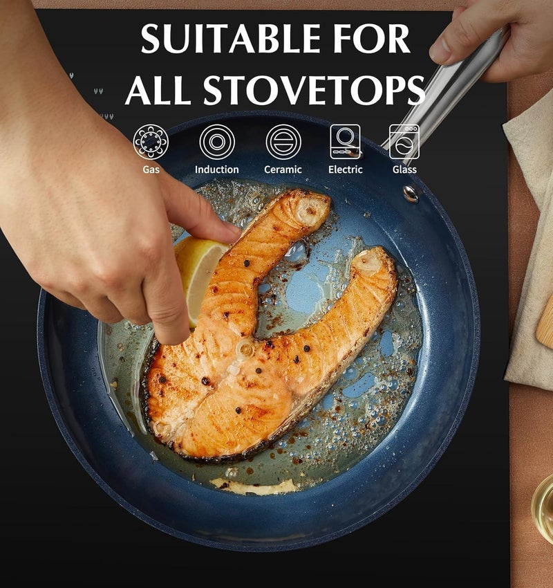 KOCH SYSTEME CS 14 Inch Large Frying Pan with Lid, Nonstick Skillet with Ceramic Interior, Large Fry Pan for Family & Commercial Cooking, Frying Pan Nonstick, Oven Safe & Induction Compatible, Blue - Image 3