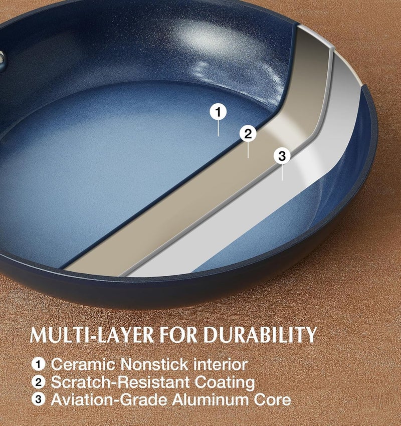 KOCH SYSTEME CS 14 Inch Large Frying Pan with Lid, Nonstick Skillet with Ceramic Interior, Large Fry Pan for Family & Commercial Cooking, Frying Pan Nonstick, Oven Safe & Induction Compatible, Blue - Image 4