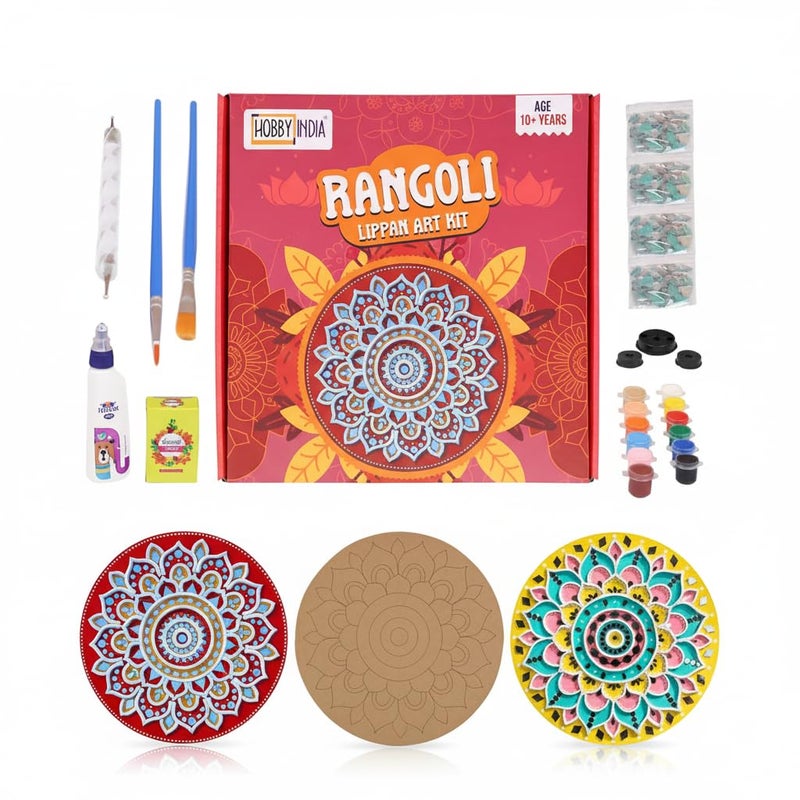 HOBBY INDIA Lippan Art and Craft Materials Kit for Adults and Beginners I Premarked MDF Board Mandala Art Painting DIY Kit for Room Wall Hanging Office and Home Decoration (Rangoli) - Image 1