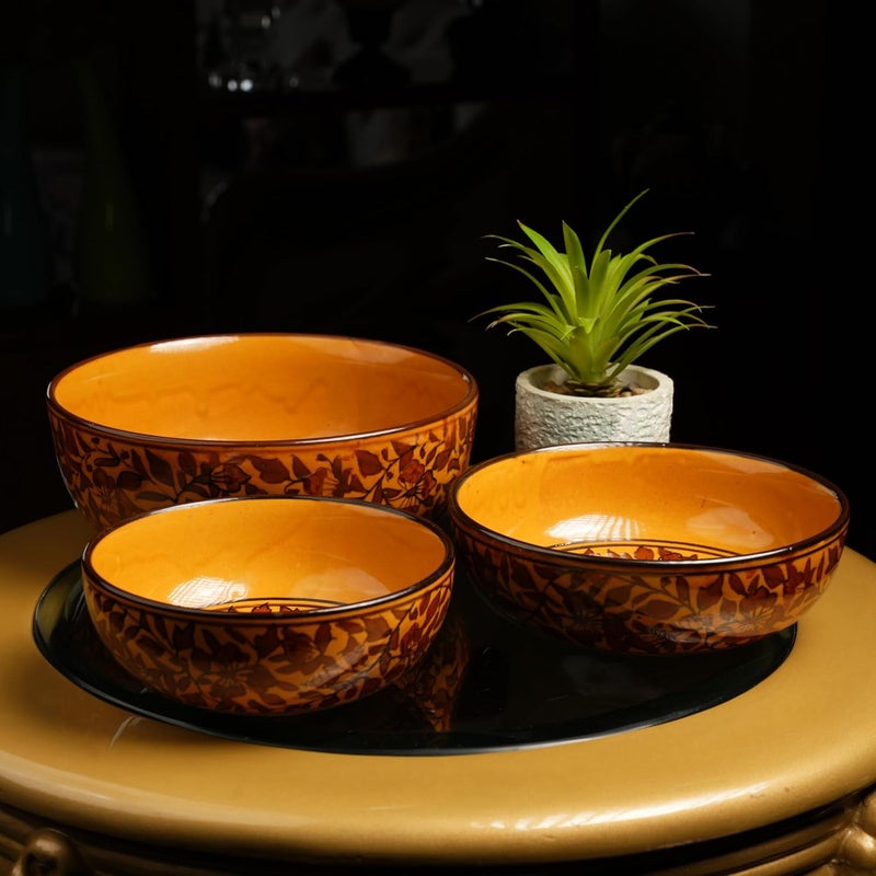 Caffeine Ceramic Handmade Brown Sehra Serving Bowl Set of 3 - Image 1