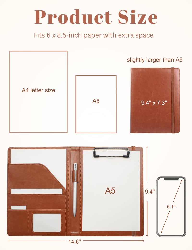 Mymazn Junior Padfolio Clipboard Small for 7 x 9 Writing Pad Refillable, Mymazn Faux Leather Folder A5 for Folio Notepad Legal pad 5 x 8 Junior Size Folio Portfolio (Brown) - Image 3