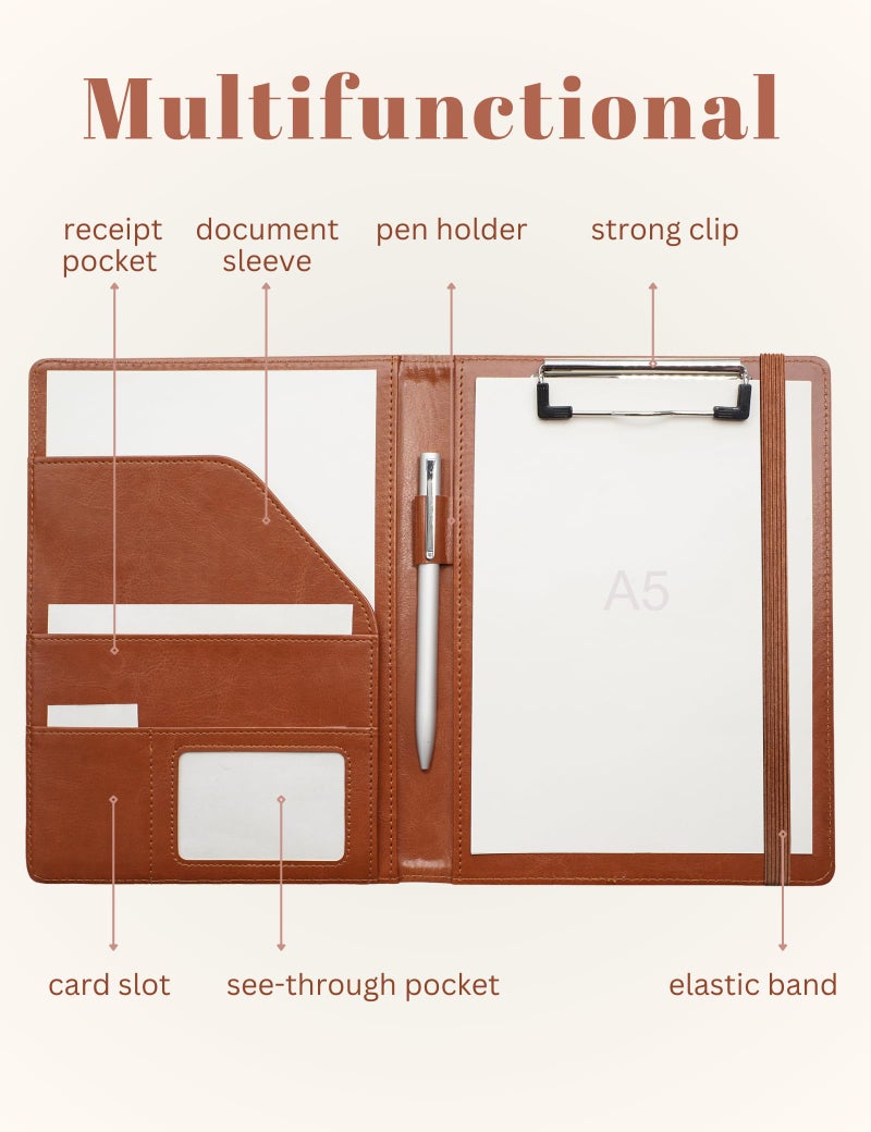 Mymazn Junior Padfolio Clipboard Small for 7 x 9 Writing Pad Refillable, Mymazn Faux Leather Folder A5 for Folio Notepad Legal pad 5 x 8 Junior Size Folio Portfolio (Brown) - Image 2