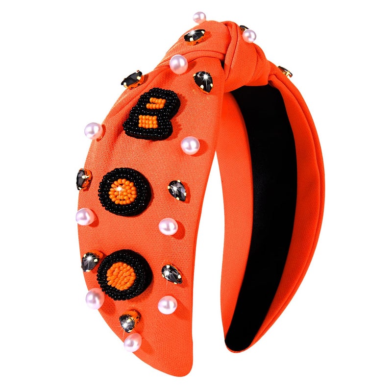 CEALXHENY Halloween Headband for Women Beaded BOO Knotted Headband with Rhinestone Pearl Top Knot Halloween Party Hair Accessory Gift