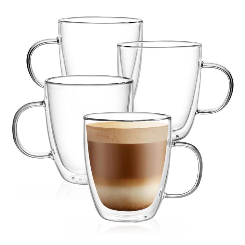 CNGLASS Large Glass Coffee Mugs 12oz,Double Walled Insulated Cappuccino Mug with Handle,Set of 4 - Image 1
