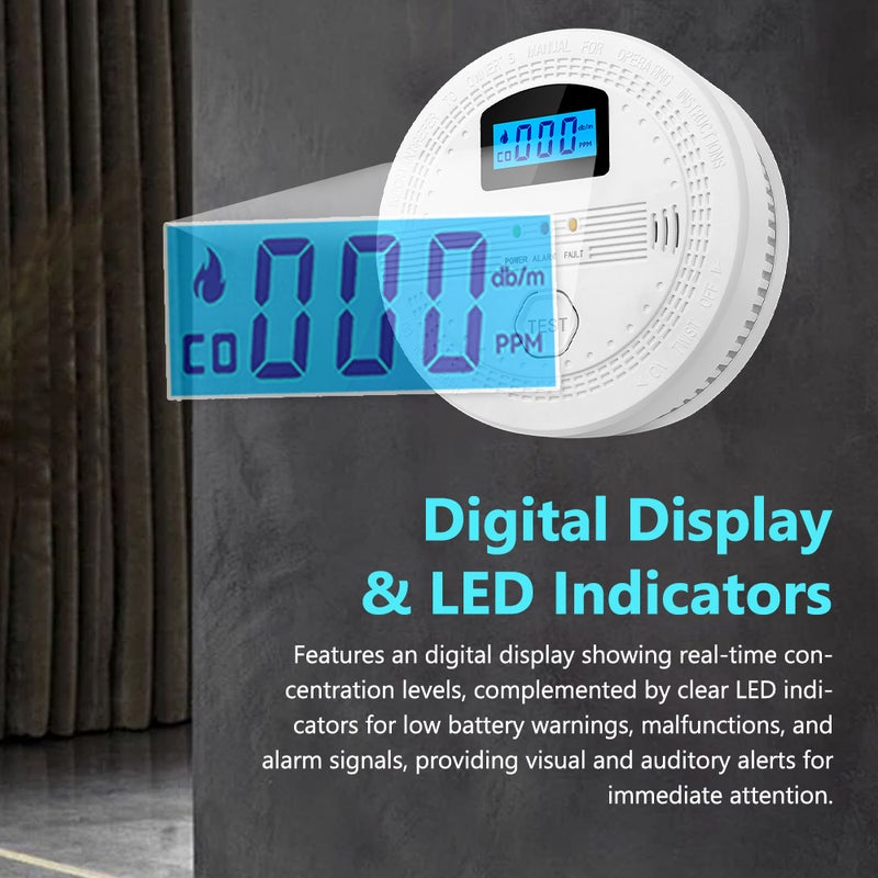 Carbon Monoxide Smoke Detector Electrochemical Sensor Smoke Detector Digital Display Sound and Light Alarm LED Indicator Light Functions - Image 3