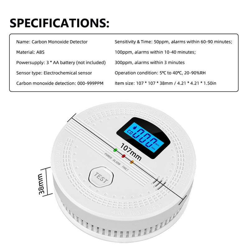 Carbon Monoxide Smoke Detector Electrochemical Sensor Smoke Detector Digital Display Sound and Light Alarm LED Indicator Light Functions - Image 2