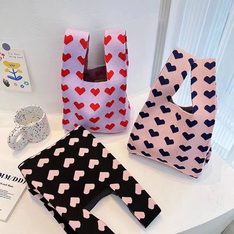 New Japanese And Korean Style Love Color-Matching Textiles Handbag Tote Bag Large Capacity Underarm Bag Women'S Bag Lunch Bag - Image 2