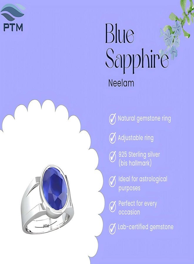 PTM 925 Pure Sterling Silver Blue Sapphire (Neelam) 4.25 Ratti or 4 Cts Astrological Gemstone Bis Hallmark Adjustable Ring for Men-cvtf - Image 4