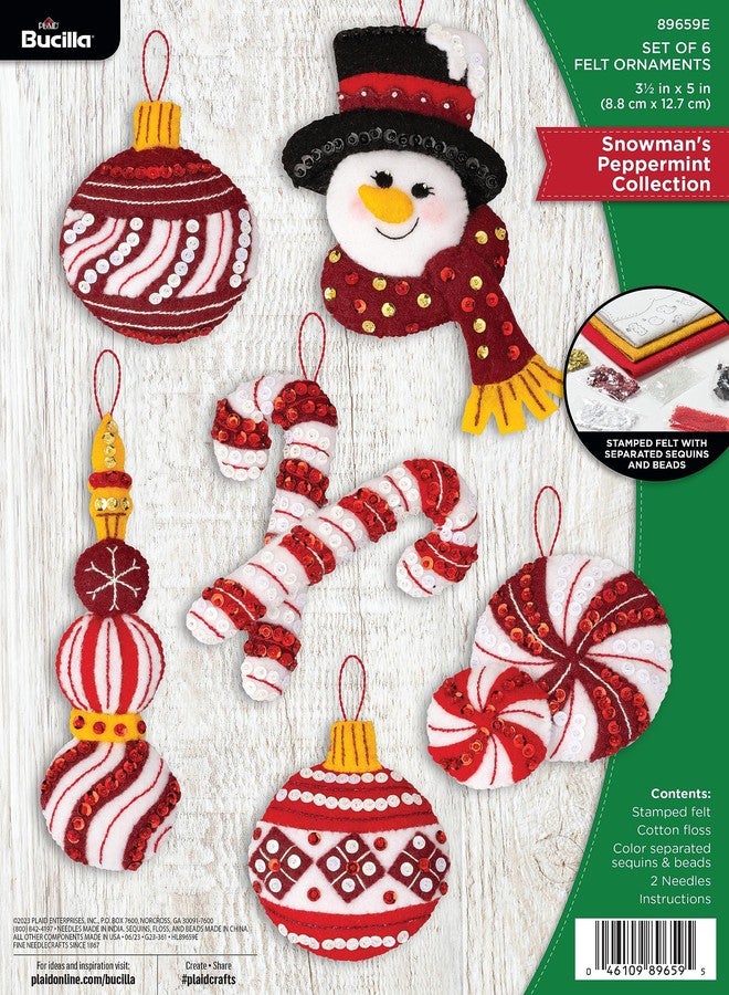 Bucilla, Snowman's Peppermint Collection, Felt Applique 6 Piece Ornament Making Kit, Perfect for DIY Arts and Crafts, 89659E, Small - Image 1