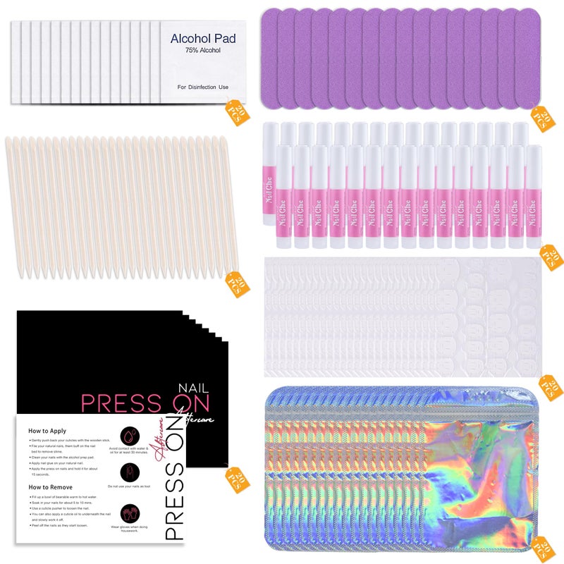 Bebbtiy Press On Nail Tool Kit for Nail Business, Nail Prep Application Disposable Kit with Nail File, Nail Glue, Prep Pads, Instruction Card, Adhesive Nail Tabs, Wood Stick, Holographic Bag (20pcs in purple) - Image 1