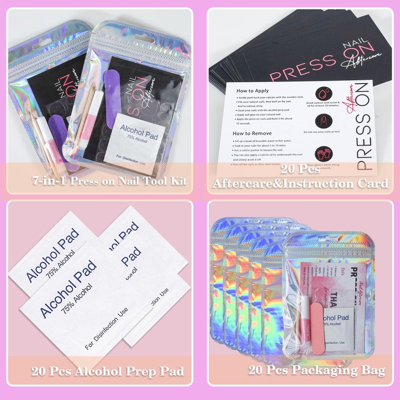 Bebbtiy Press On Nail Tool Kit for Nail Business, Nail Prep Application Disposable Kit with Nail File, Nail Glue, Prep Pads, Instruction Card, Adhesive Nail Tabs, Wood Stick, Holographic Bag (20pcs in purple) - Image 5