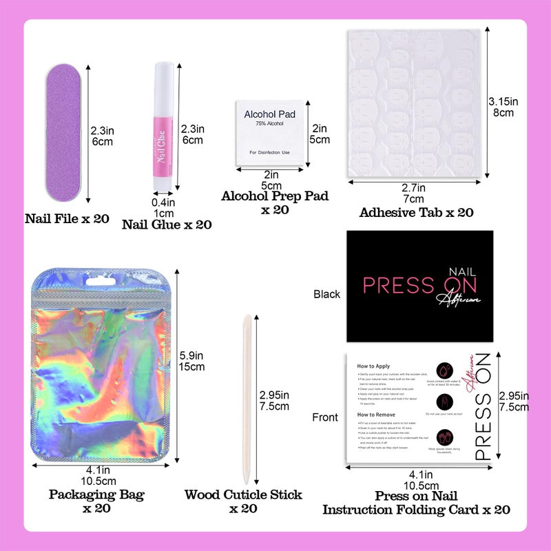 Bebbtiy Press On Nail Tool Kit for Nail Business, Nail Prep Application Disposable Kit with Nail File, Nail Glue, Prep Pads, Instruction Card, Adhesive Nail Tabs, Wood Stick, Holographic Bag (20pcs in purple) - Image 3