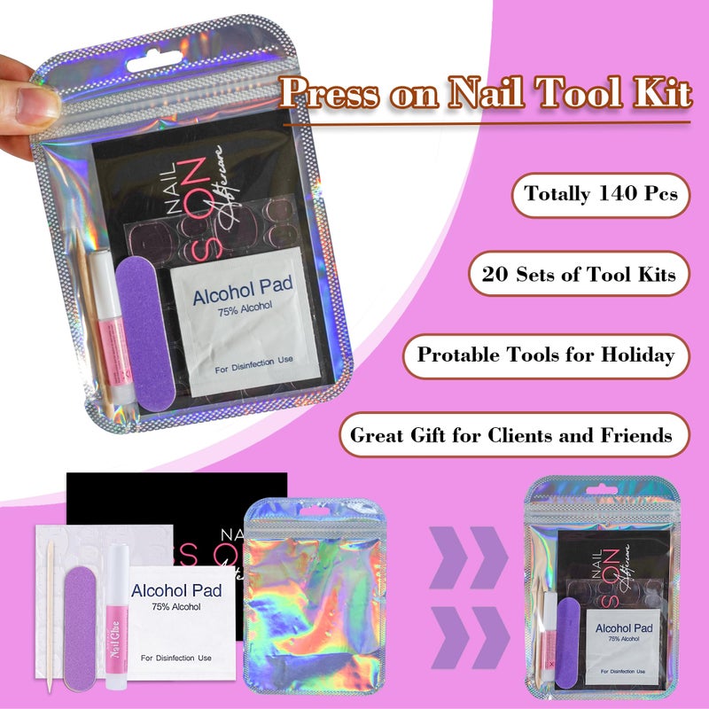 Bebbtiy Press On Nail Tool Kit for Nail Business, Nail Prep Application Disposable Kit with Nail File, Nail Glue, Prep Pads, Instruction Card, Adhesive Nail Tabs, Wood Stick, Holographic Bag (20pcs in purple) - Image 2