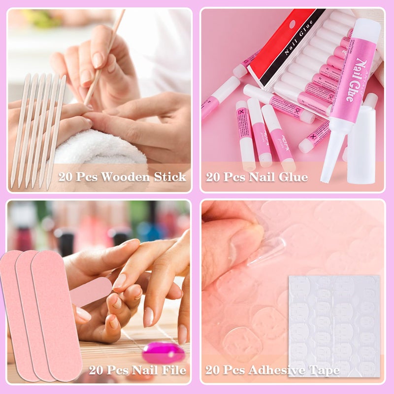 Bebbtiy Press On Nail Tool Kit for Nail Business, Nail Prep Application Disposable Kit with Nail File, Nail Glue, Prep Pads, Instruction Card, Adhesive Nail Tabs, Wood Stick, Holographic Bag (20pcs in purple) - Image 4