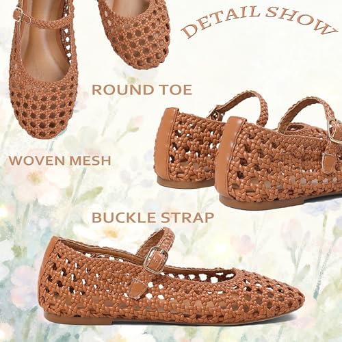 Atsroel Brown Woven Ballet Flats for Women Round Toe Mesh Flats Buckle Strap Flat Shoes Comfortable Mary Jane Dressy Mesh Shoes Casual Ballerina Mary Janes Size 6 - Image 5
