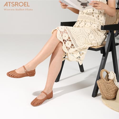 Atsroel Brown Woven Ballet Flats for Women Round Toe Mesh Flats Buckle Strap Flat Shoes Comfortable Mary Jane Dressy Mesh Shoes Casual Ballerina Mary Janes Size 6 - Image 4