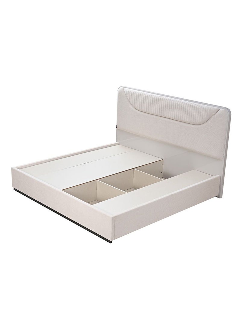 DANUBE HOME طقم سرير سوبر كينغ مبطن أكيرا 200x200 مع طاولتين جانبيتين ودرج 6 مع مرآة LED وكرسي | طقم سرير مريح | تصميم حديث متين من الخشب - رمادي فاتح - Image 5