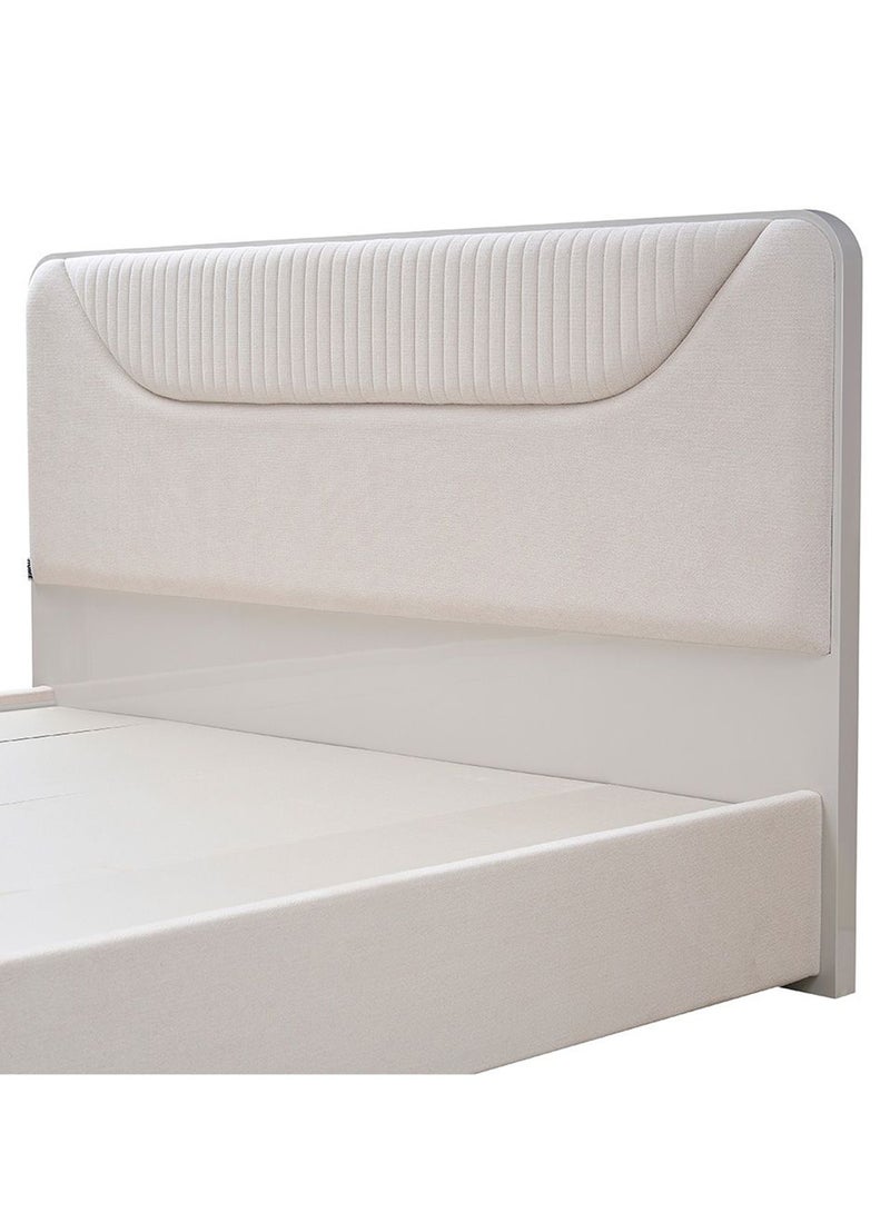 DANUBE HOME طقم سرير سوبر كينغ مبطن أكيرا 200x200 مع طاولتين جانبيتين ودرج 6 مع مرآة LED وكرسي | طقم سرير مريح | تصميم حديث متين من الخشب - رمادي فاتح - Image 4