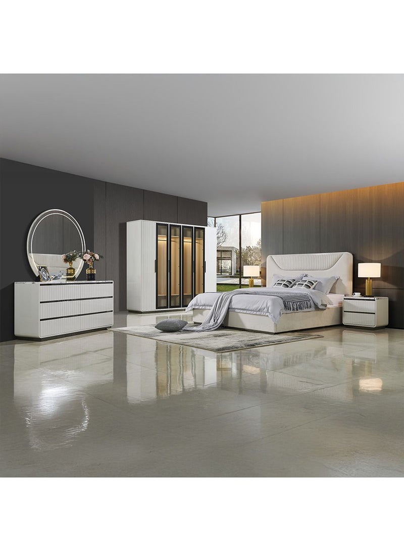 DANUBE HOME طقم سرير سوبر كينغ مبطن أكيرا 200x200 مع طاولتين جانبيتين ودرج 6 مع مرآة LED وكرسي | طقم سرير مريح | تصميم حديث متين من الخشب - رمادي فاتح - Image 1