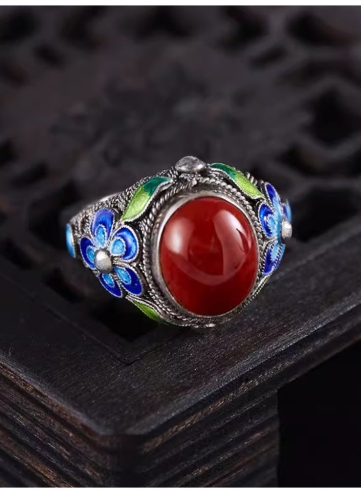 Nanhong Agate Ring With Enameled Patterns, Palace Retro Vintage Ring - Image 1
