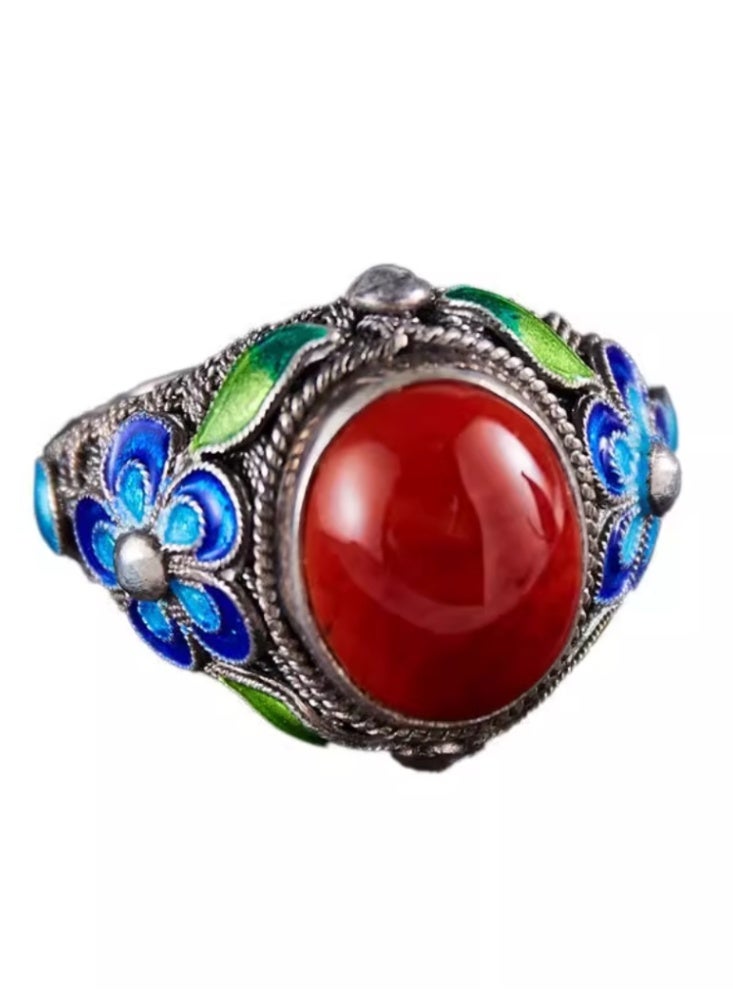Nanhong Agate Ring With Enameled Patterns, Palace Retro Vintage Ring - Image 5