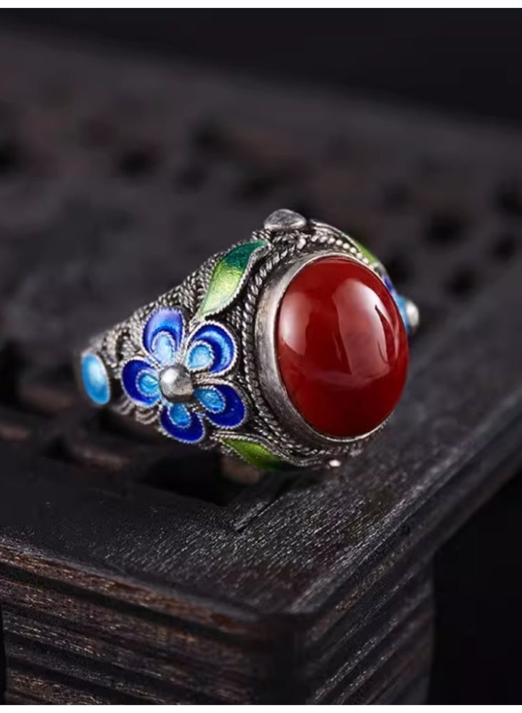 Nanhong Agate Ring With Enameled Patterns, Palace Retro Vintage Ring - Image 2