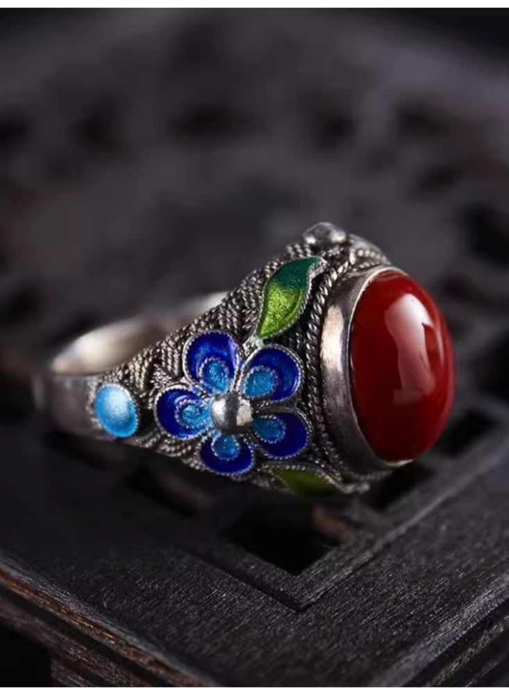 Nanhong Agate Ring With Enameled Patterns, Palace Retro Vintage Ring - Image 3