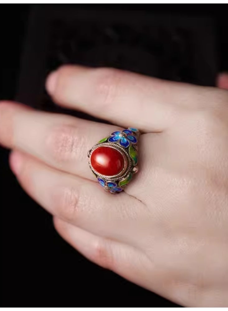 Nanhong Agate Ring With Enameled Patterns, Palace Retro Vintage Ring - Image 4