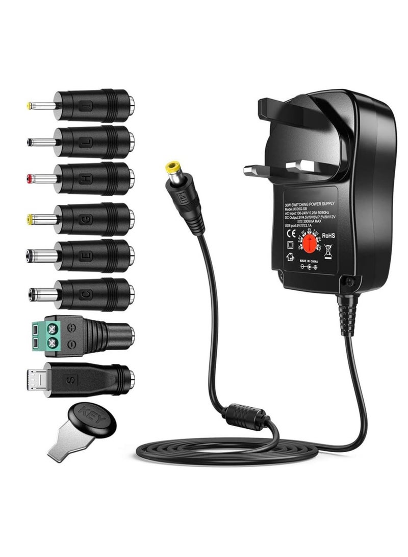 Universal 30W 3V 4.5V 5V 6V 7.5V 9V 12V AC/DC Adapter Switching Power Supply Charger PSU with 8 Selectable Adaptor Tips for 3V-12V Household Electronics and LED Strip - 2000mA Max