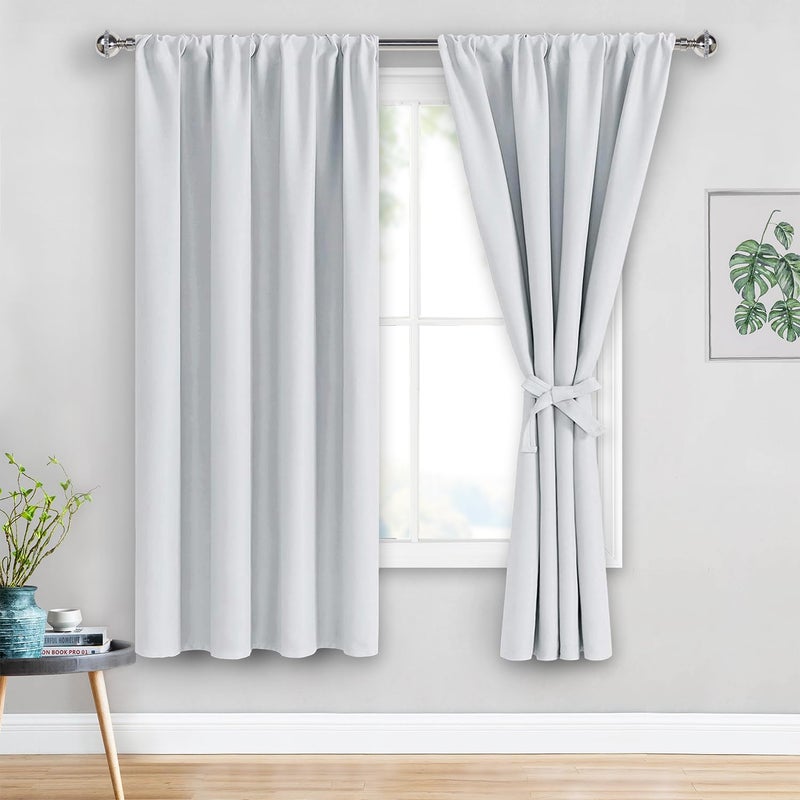 JIUZHEN Blackout Curtains for Bedroomâ€“ Thermal Insulated,Noise Reducing Room Darkening Rod Pocket Curtains for Living Room, Set of 2 Panels with Tiebacks, 42 x 63 inch Long, Greyish White - Image 1
