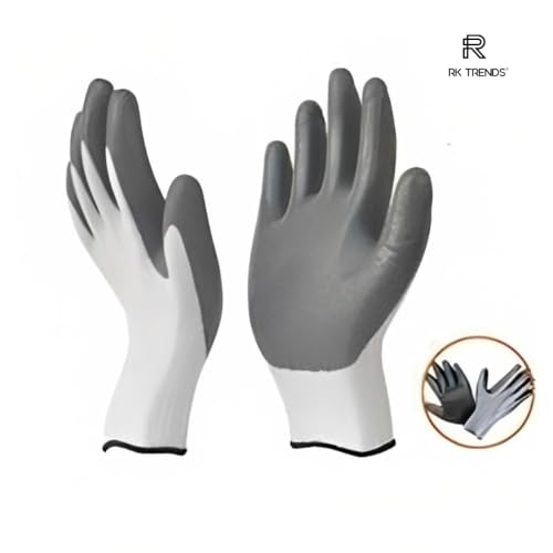 RK TRENDS Nitrile Coated Safety Gloves, Heavy Duty, Multipurpose (Pack of 12 Pairs, White - Grey) - Image 4