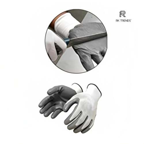 RK TRENDS Nitrile Coated Safety Gloves, Heavy Duty, Multipurpose (Pack of 12 Pairs, White - Grey) - Image 5