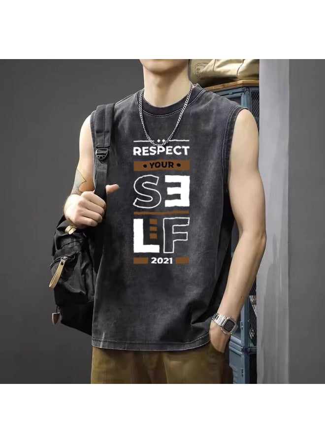 Loose Oversized Printed Washed Vintage Sleeveless T-shirt Men's Summer Loose Big Size Tank Top Casual Top