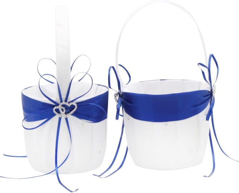 AmaJOY 2pcs Beach Wedding Flower Girl Basket White and Royal Blue Flower Basket with Double Heart Rhinestone Decor - Image 3
