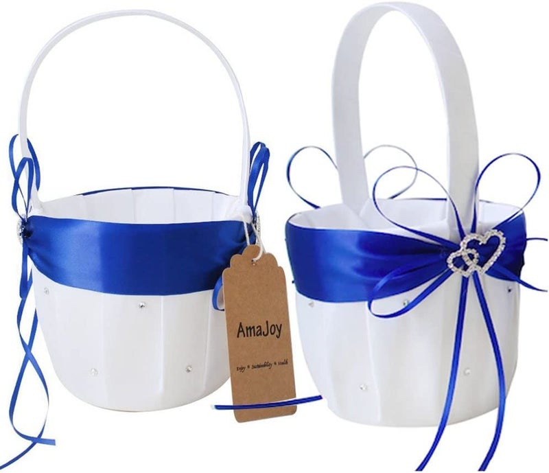 AmaJOY 2pcs Beach Wedding Flower Girl Basket White and Royal Blue Flower Basket with Double Heart Rhinestone Decor - Image 1