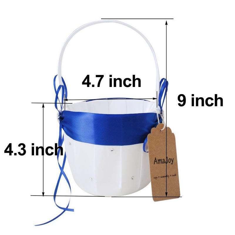 AmaJOY 2pcs Beach Wedding Flower Girl Basket White and Royal Blue Flower Basket with Double Heart Rhinestone Decor - Image 2