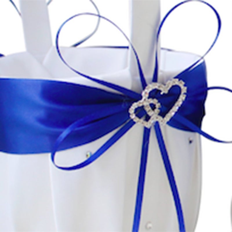 AmaJOY 2pcs Beach Wedding Flower Girl Basket White and Royal Blue Flower Basket with Double Heart Rhinestone Decor - Image 5