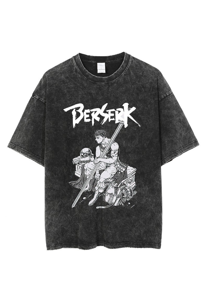 Men's new washed old dark anime print street retro t-shirt street trendy round neck short-sleeved t-shirt - Image 1