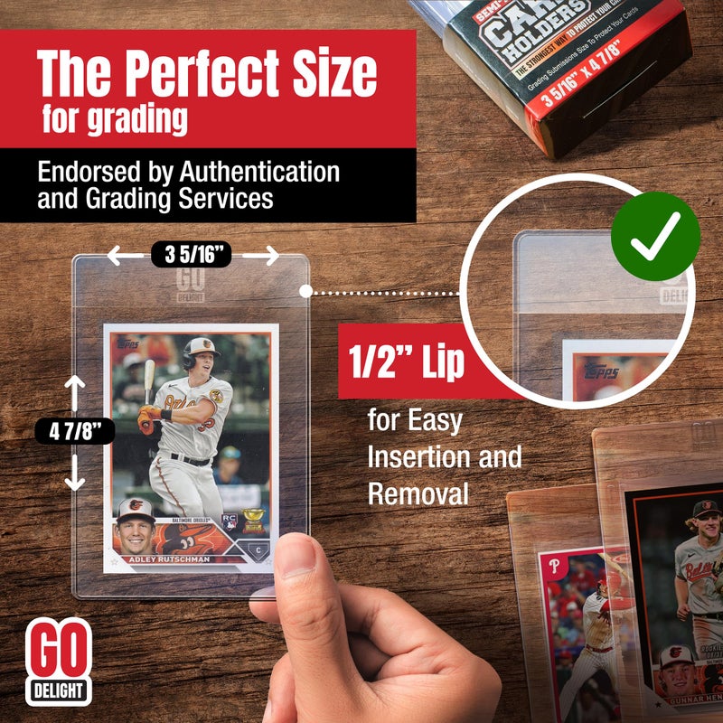 GO DELIGHT Semi Rigid Card Holders for PSA, SGC, BGS, CSG Grading â€“ 200 Bundle - Baseball Card Sleeves - 100 Card Holders for Trading Cards + 100 Soft Sleeves â€“ 3-5/16â€ x 4-7/8â€ with 1/2â€ Lip - Image 2