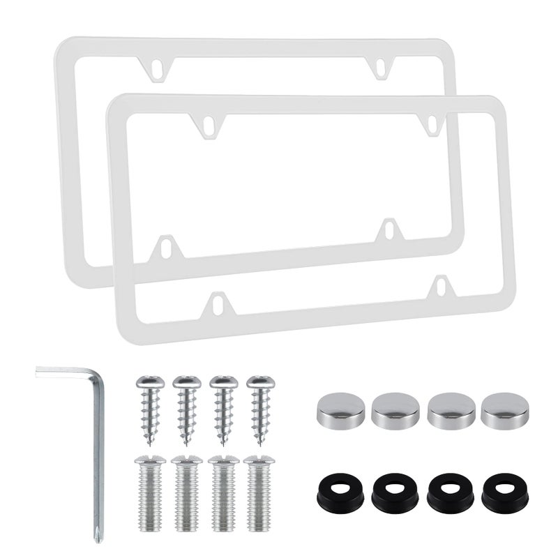 Alpmosn 2PCS Stainless Steel License Plate Frames, 4 Holes Car Licence Plate Covers with Screws Washers and Caps, Car Exterior Accessories, License Plate Holder for US Vehicles (White) - Image 1