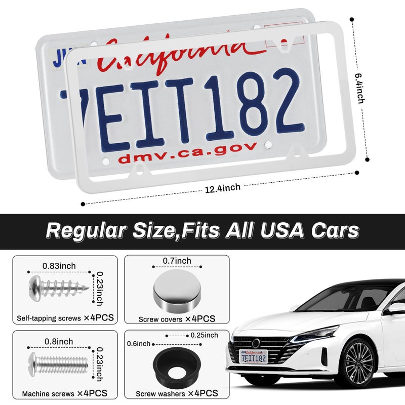 Alpmosn 2PCS Stainless Steel License Plate Frames, 4 Holes Car Licence Plate Covers with Screws Washers and Caps, Car Exterior Accessories, License Plate Holder for US Vehicles (White) - Image 2