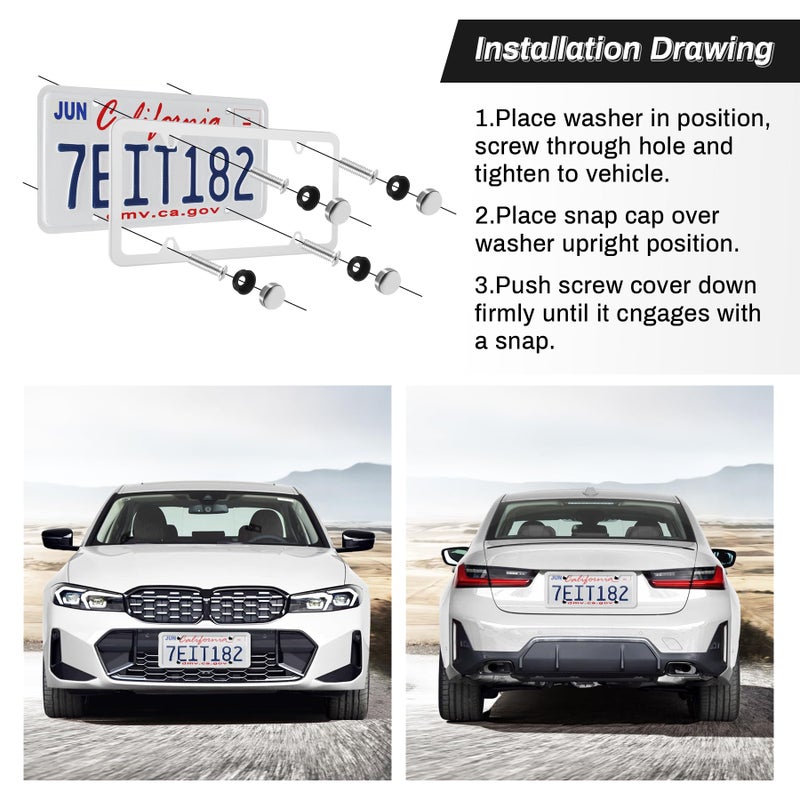 Alpmosn 2PCS Stainless Steel License Plate Frames, 4 Holes Car Licence Plate Covers with Screws Washers and Caps, Car Exterior Accessories, License Plate Holder for US Vehicles (White) - Image 4