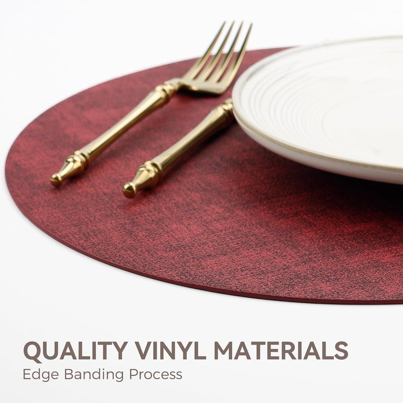 NCUE 13"Round Placemats Set of 8, Reversible Faux Leather Heat Resistant Table Mats, 100% Waterproof Oilproof Wipeable Table Protective Placemats for Vinyl, Washable for Indoor & Outdoor Use (8, burgundy) - Image 5