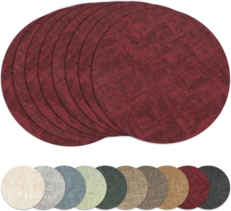 NCUE 13"Round Placemats Set of 8, Reversible Faux Leather Heat Resistant Table Mats, 100% Waterproof Oilproof Wipeable Table Protective Placemats for Vinyl, Washable for Indoor & Outdoor Use (8, burgundy) - Image 1