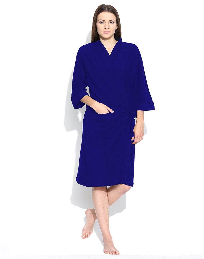 ELEVANTO Premium Collection 34Th Sleeve Terry BathrobeFree Size RoyalBlue - Image 1
